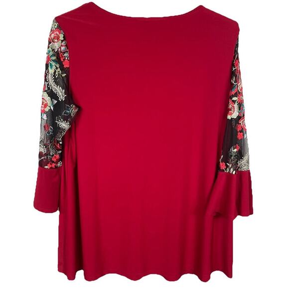 Ali Miles Tunic Top Size Large Red Embroidered Sheer Sleeve Boho Party Career - Picture 2 of 8